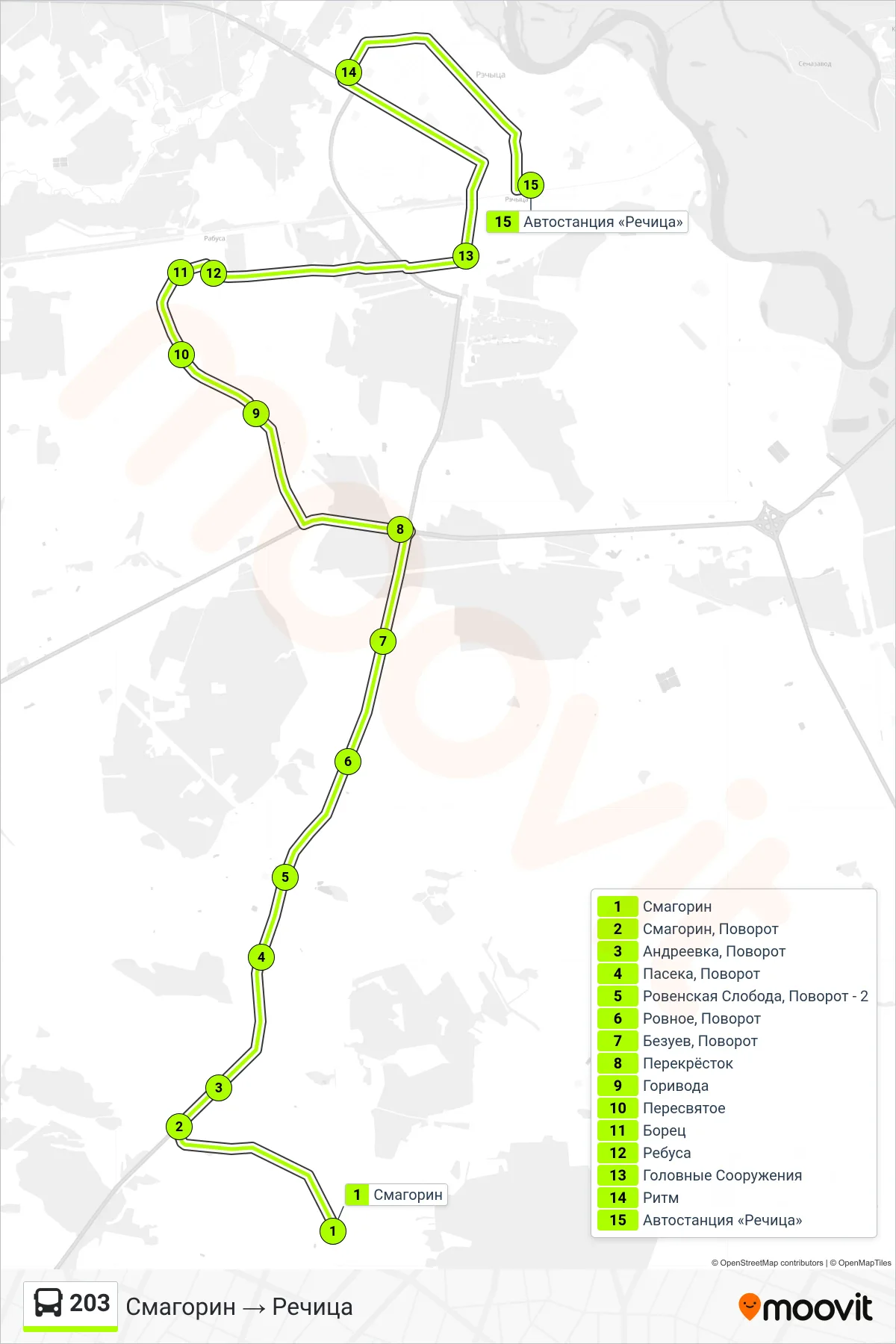 203 bus Line (Smagorin to Rechitsa) route and stops on a map