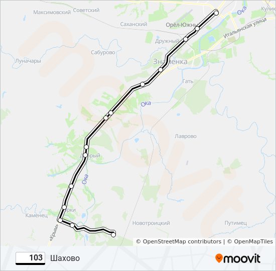 Карта автобусов орел. Маршрут 103 остановки. Маршрут 103 автобуса Серпухов на карте.