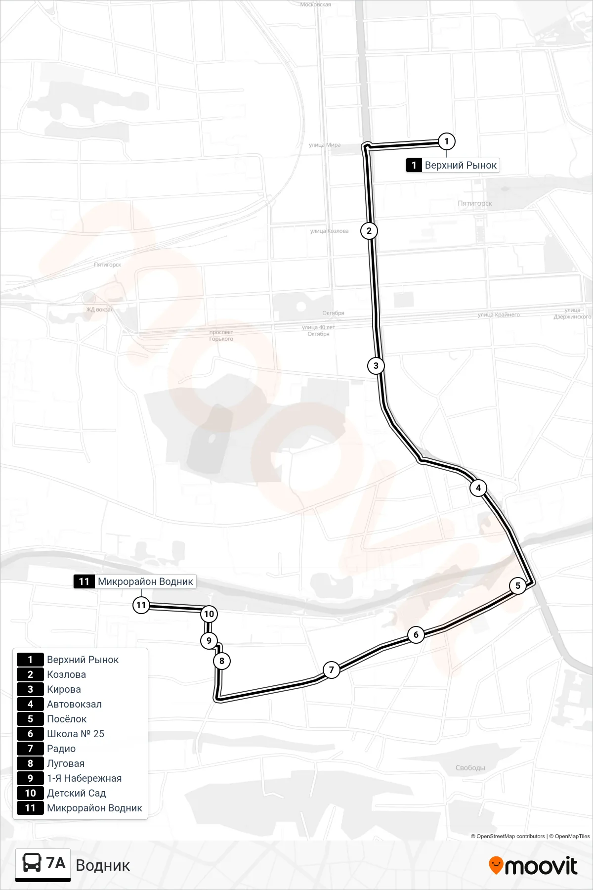 7A bus Line (Vodnik) route and stops on a map