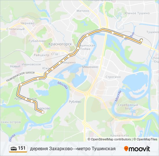 Маршрут автобуса 151 на карте Москвы