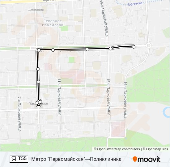 Автобус Т55: карта маршрута
