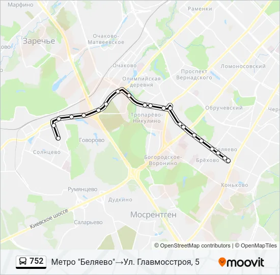 Автобус 752: карта маршрута