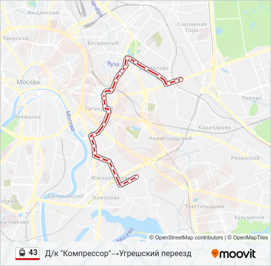 Трамвай 43: карта маршрута