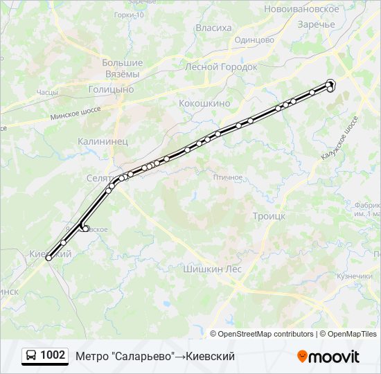 Маршрут автобуса 1002 от метро саларьево с остановками на карте