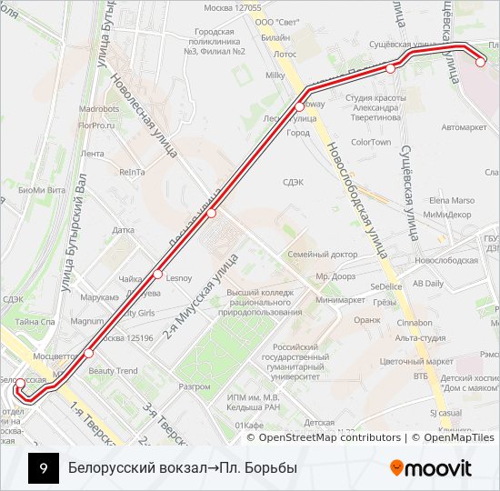 Трамвай 9: карта маршрута