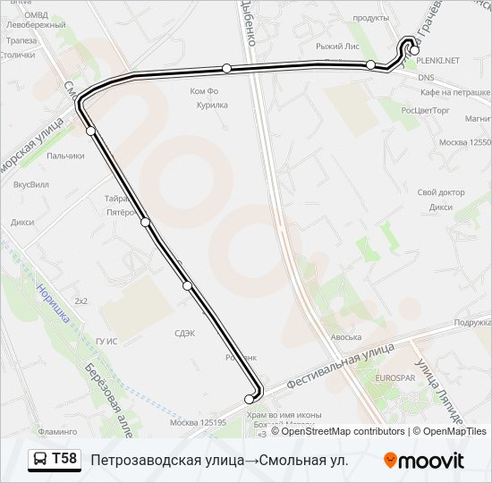 Автобус Т58: карта маршрута
