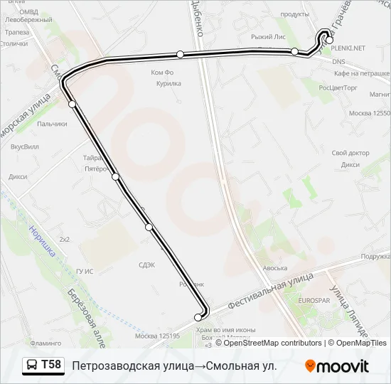 Автобус Т58: карта маршрута