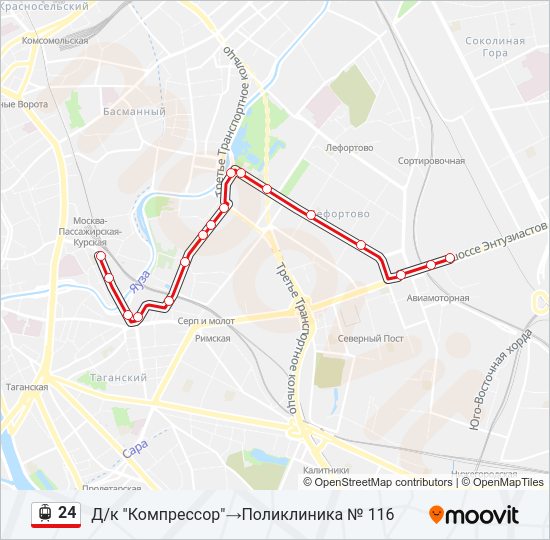 Трамвай 24: карта маршрута