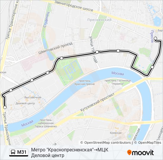 М31 bus Route Map - Метро "Краснопресненская"→ МЦК Деловой центр.