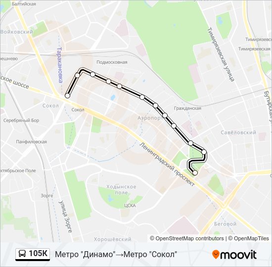 Автобус 105К: карта маршрута