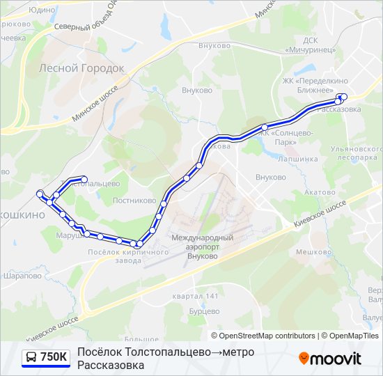 Автобус 750К: карта маршрута