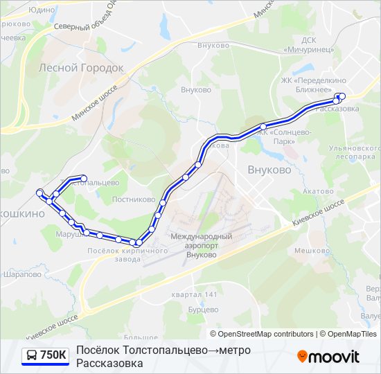Автобус 750К: карта маршрута