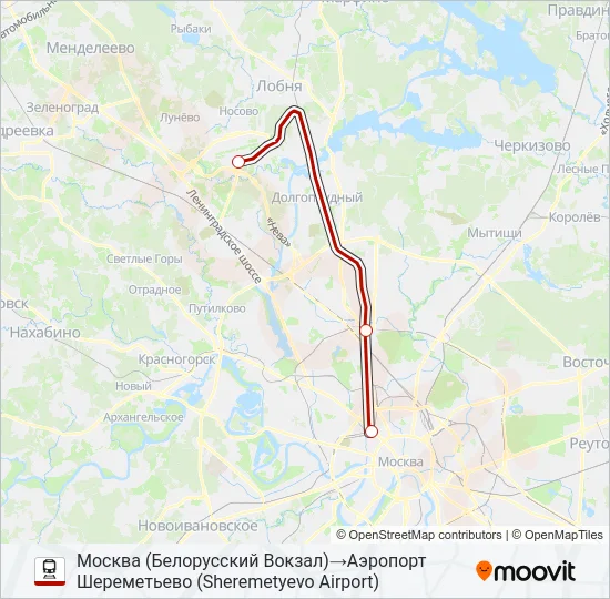Поезд АЭРОПОРТ ШЕРЕМЕТЬЕВО — МОСКВА БЕЛОРУССКАЯ (SHEREMETYEVO AIRPORT — BELORUSSKY STATION): карта маршрута