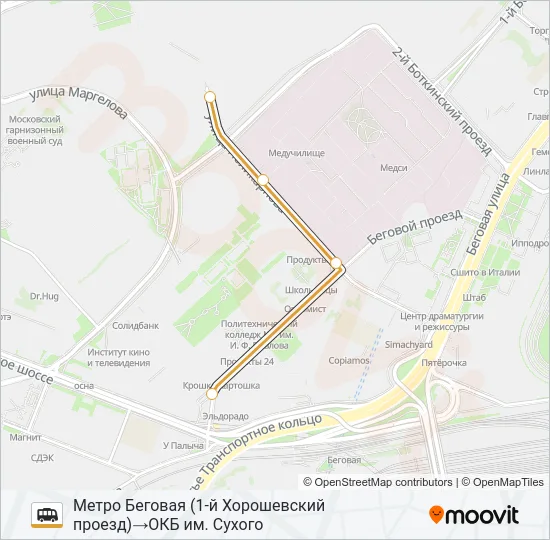 Маршрутка ПЛАТФОРМА БЕГОВАЯ - ОКБ ИМ. СУХОГО: карта маршрута