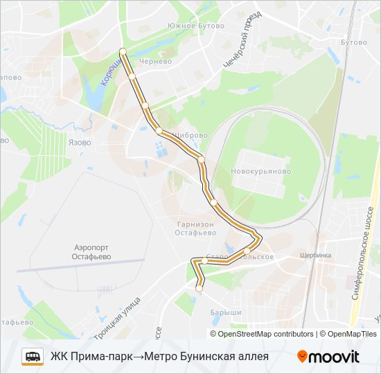Маршрутка ЖК ПРИМА-ПАРК - МЕТРО БУНИНСКАЯ АЛЛЕЯ: карта маршрута
