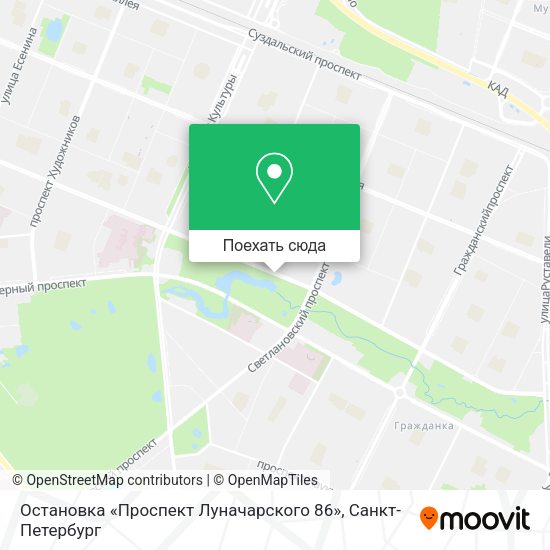 Карта Остановка «Проспект Луначарского 86»