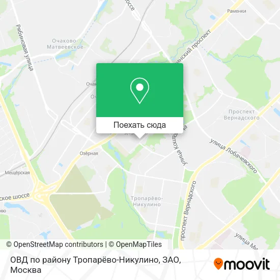 Карта ОВД по району Тропарёво-Никулино, ЗАО