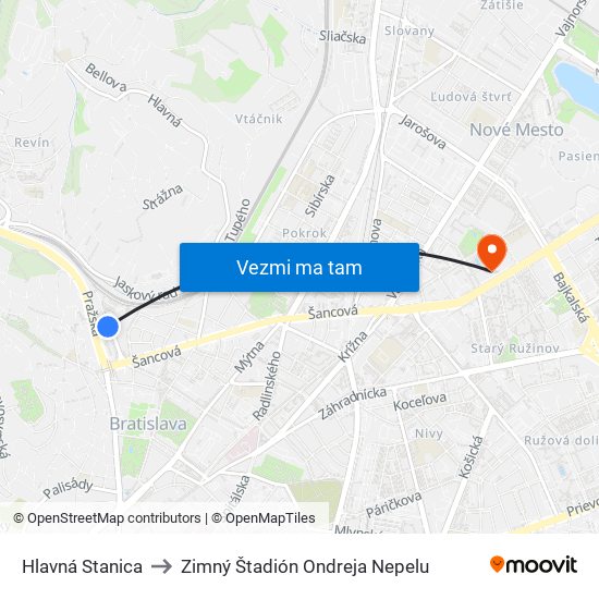Hlavná Stanica to Zimný Štadión Ondreja Nepelu map