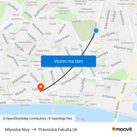 Mlynské Nivy to Právnická Fakulta Uk map