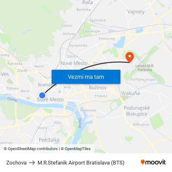 Zochova to M.R.Stefanik Airport Bratislava (BTS) map