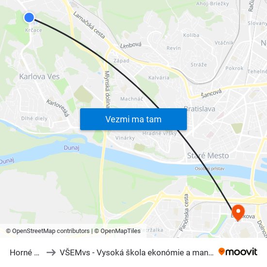 Horné Krčace to VŠEMvs - Vysoká škola ekonómie a manažmentu verejnej správy map