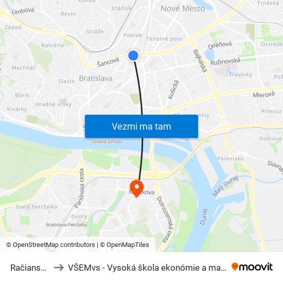 Račianske Mýto to VŠEMvs - Vysoká škola ekonómie a manažmentu verejnej správy map