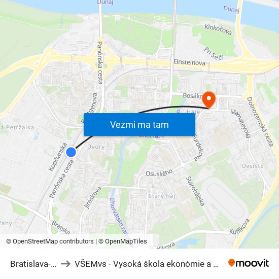 Bratislava-Petržalka to VŠEMvs - Vysoká škola ekonómie a manažmentu verejnej správy map