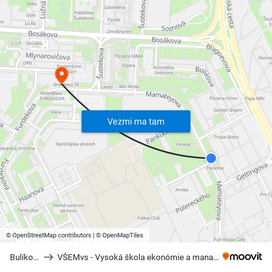 Bulíkova (X) to VŠEMvs - Vysoká škola ekonómie a manažmentu verejnej správy map