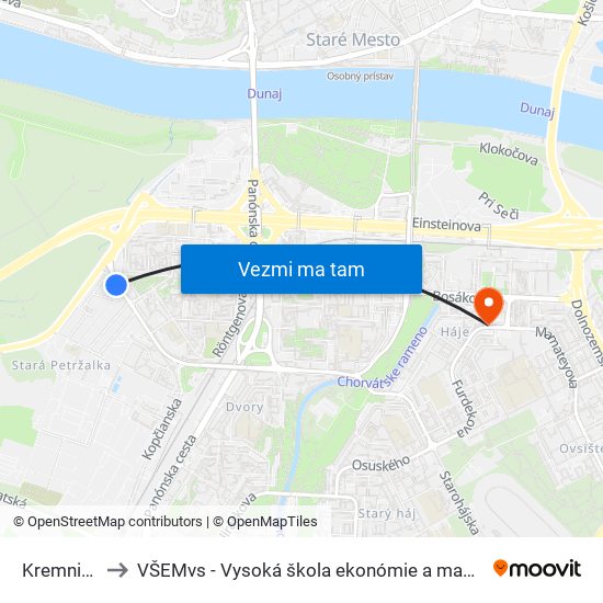 Kremnická (X) to VŠEMvs - Vysoká škola ekonómie a manažmentu verejnej správy map