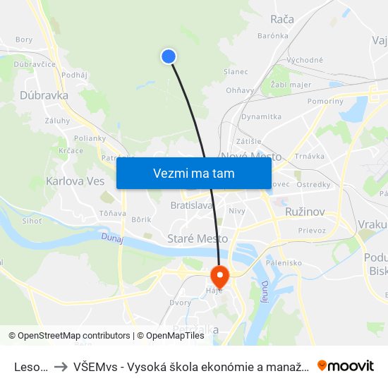 Lesopark to VŠEMvs - Vysoká škola ekonómie a manažmentu verejnej správy map