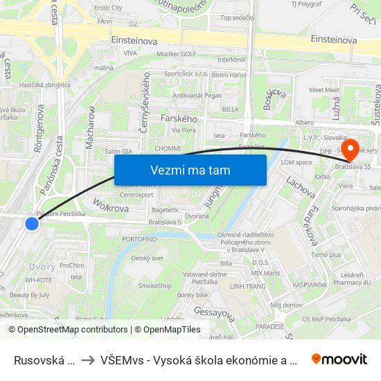 Rusovská Cesta (X) to VŠEMvs - Vysoká škola ekonómie a manažmentu verejnej správy map