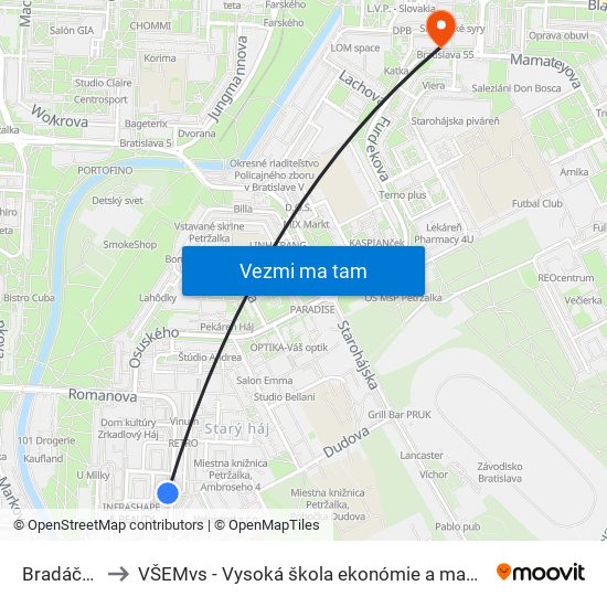 Bradáčova (X) to VŠEMvs - Vysoká škola ekonómie a manažmentu verejnej správy map