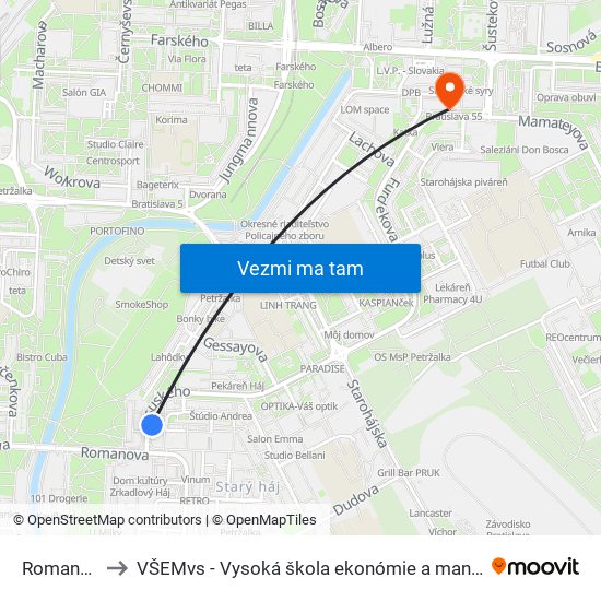 Romanova (X) to VŠEMvs - Vysoká škola ekonómie a manažmentu verejnej správy map