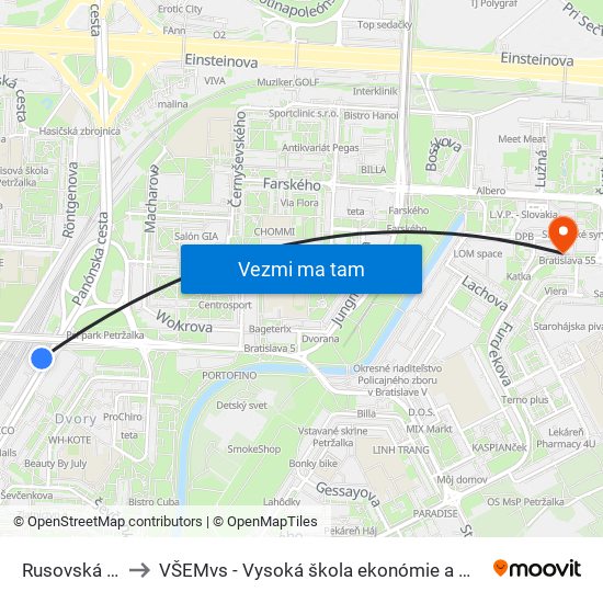 Rusovská Cesta (X) to VŠEMvs - Vysoká škola ekonómie a manažmentu verejnej správy map