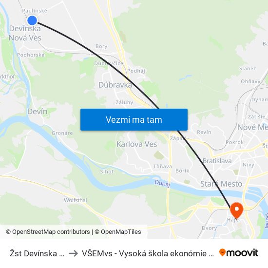 Žst Devínska Nová Ves (X) to VŠEMvs - Vysoká škola ekonómie a manažmentu verejnej správy map