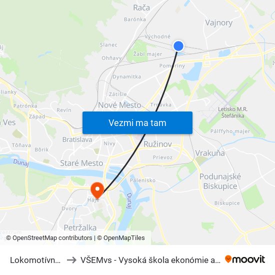 Lokomotívne Depo II (X) to VŠEMvs - Vysoká škola ekonómie a manažmentu verejnej správy map