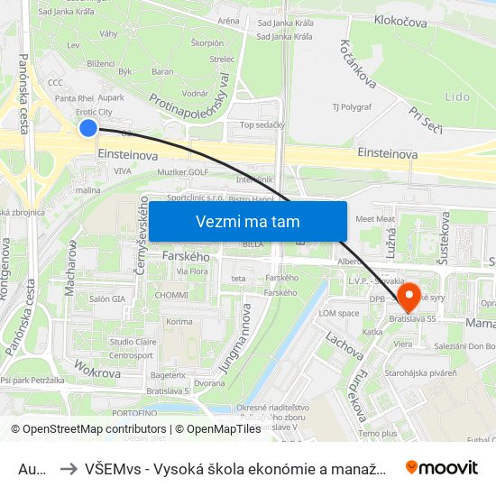 Aupark to VŠEMvs - Vysoká škola ekonómie a manažmentu verejnej správy map