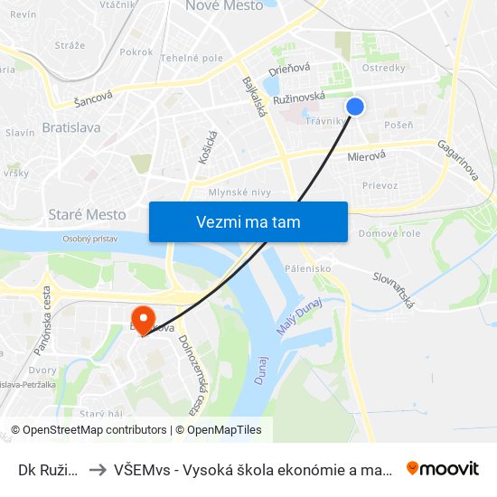 Dk Ružinov (X) to VŠEMvs - Vysoká škola ekonómie a manažmentu verejnej správy map