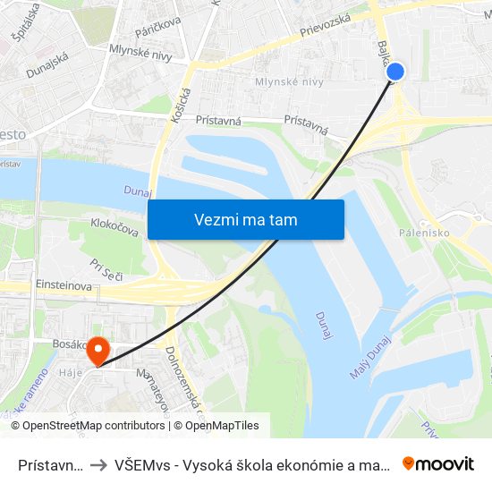 Prístavný Most to VŠEMvs - Vysoká škola ekonómie a manažmentu verejnej správy map