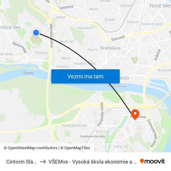 Cintorín Slávičie Údolie to VŠEMvs - Vysoká škola ekonómie a manažmentu verejnej správy map