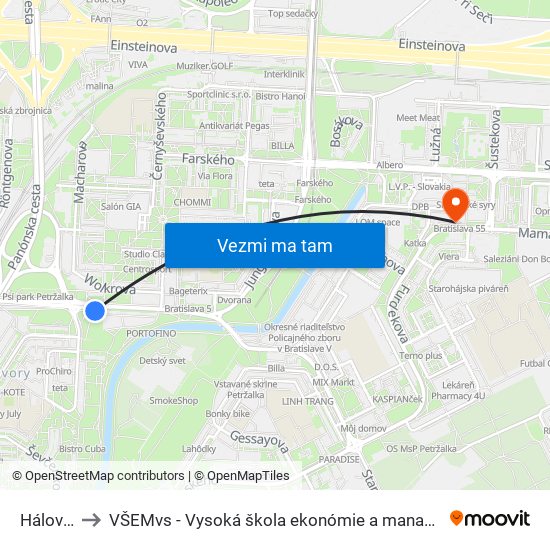 Hálova (X) to VŠEMvs - Vysoká škola ekonómie a manažmentu verejnej správy map