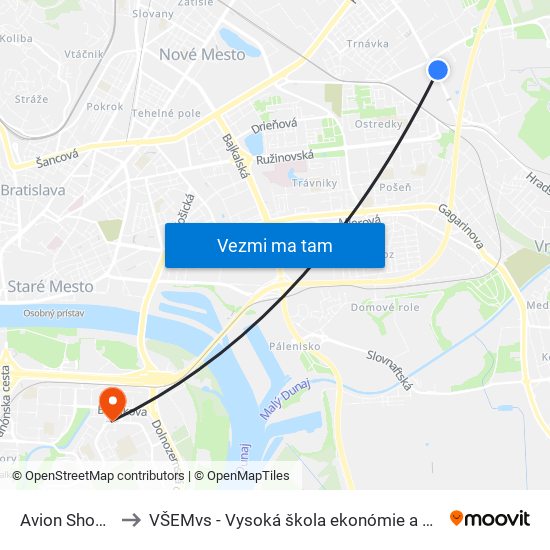 Avion Shopping Park to VŠEMvs - Vysoká škola ekonómie a manažmentu verejnej správy map