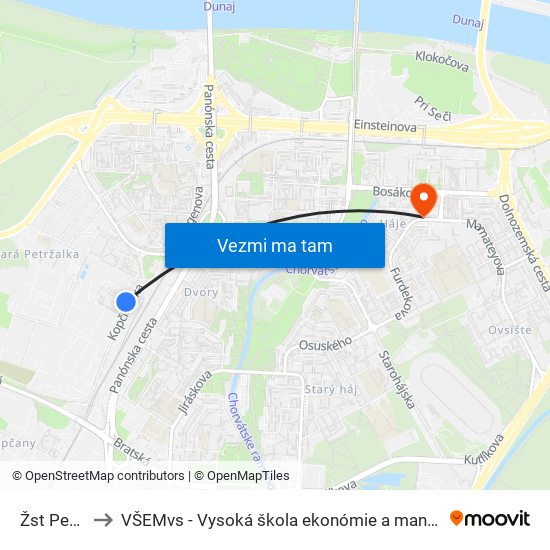 Žst Petržalka to VŠEMvs - Vysoká škola ekonómie a manažmentu verejnej správy map