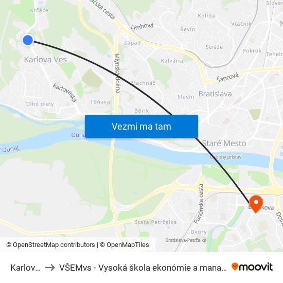 Karlova Ves to VŠEMvs - Vysoká škola ekonómie a manažmentu verejnej správy map