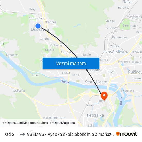 Od Saratov to VŠEMVS - Vysoká škola ekonómie a manažmentu, verejnej správy v Bratislave map
