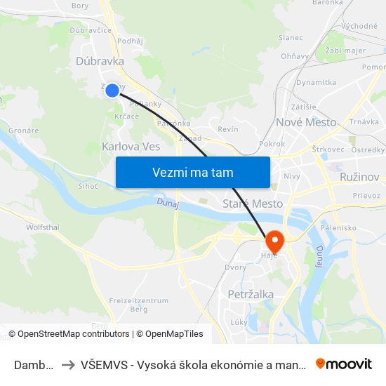 Damborského to VŠEMVS - Vysoká škola ekonómie a manažmentu, verejnej správy v Bratislave map
