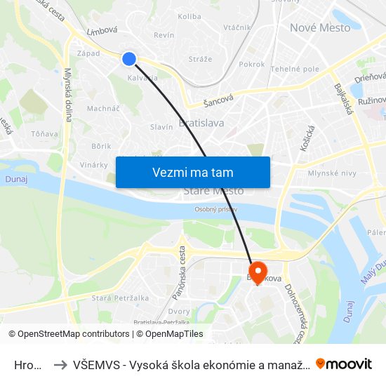 Hroboňova to VŠEMVS - Vysoká škola ekonómie a manažmentu, verejnej správy v Bratislave map