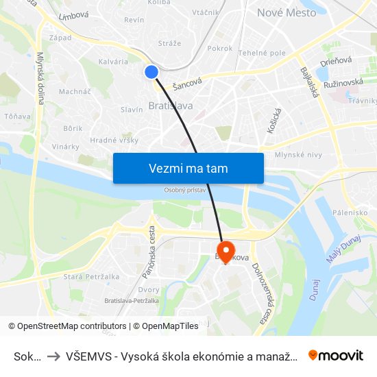 Sokolská to VŠEMVS - Vysoká škola ekonómie a manažmentu, verejnej správy v Bratislave map