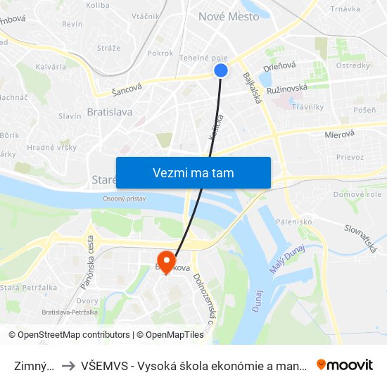Zimný Štadión to VŠEMVS - Vysoká škola ekonómie a manažmentu, verejnej správy v Bratislave map