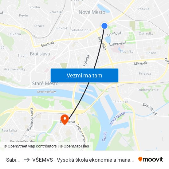 Sabinovská to VŠEMVS - Vysoká škola ekonómie a manažmentu, verejnej správy v Bratislave map